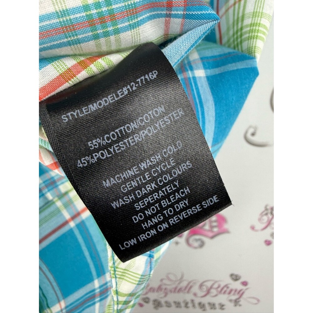Majora T-shirt y2k Blue Plaid Button-Down Shirt stripes orange blue green white - Picture 8 of 9